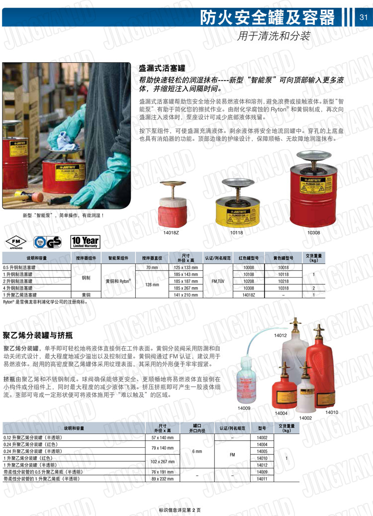 美國杰斯瑞特，JUSTRITE，活塞安全罐，盛漏式活塞罐，化學(xué)品分裝罐，